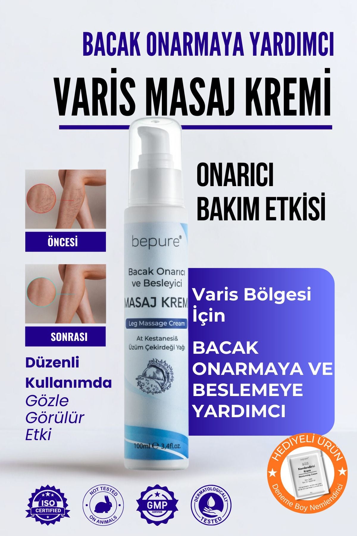 Bepure Varis Bölgesi Için Bacak Onarmaya Yardımcı Ve Besleyici Varis Masaj Kremi 100 ml